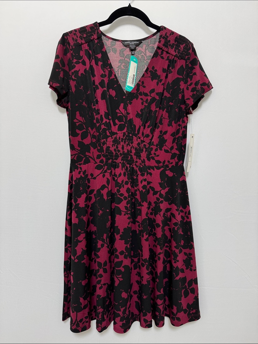 Maggie London Nikola Knit Floral V-Neck Dress in Black and Magenta